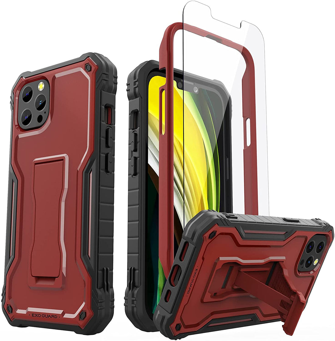 ExoGuard for iPhone 13 Series Case, Rubber Shockproof Full Body Cover Case with Tempered Glass Screen Protector Built-in Kickstand for iPhone 13/iPhone 13 Mini/iPhone 13 Pro/iPhone 13 Pro Max
