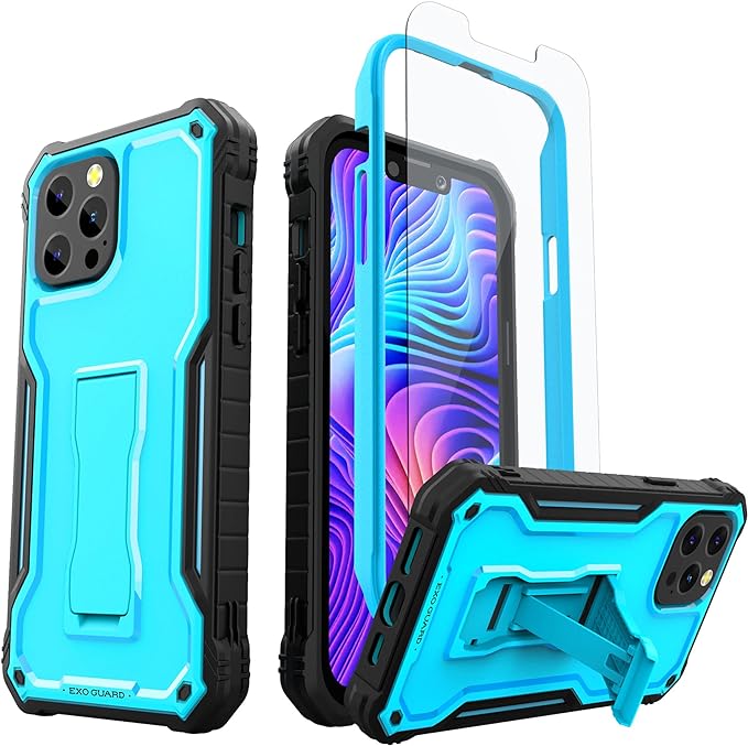 ExoGuard for iPhone 13 Series Case, Rubber Shockproof Full Body Cover Case with Tempered Glass Screen Protector Built-in Kickstand for iPhone 13/iPhone 13 Mini/iPhone 13 Pro/iPhone 13 Pro Max
