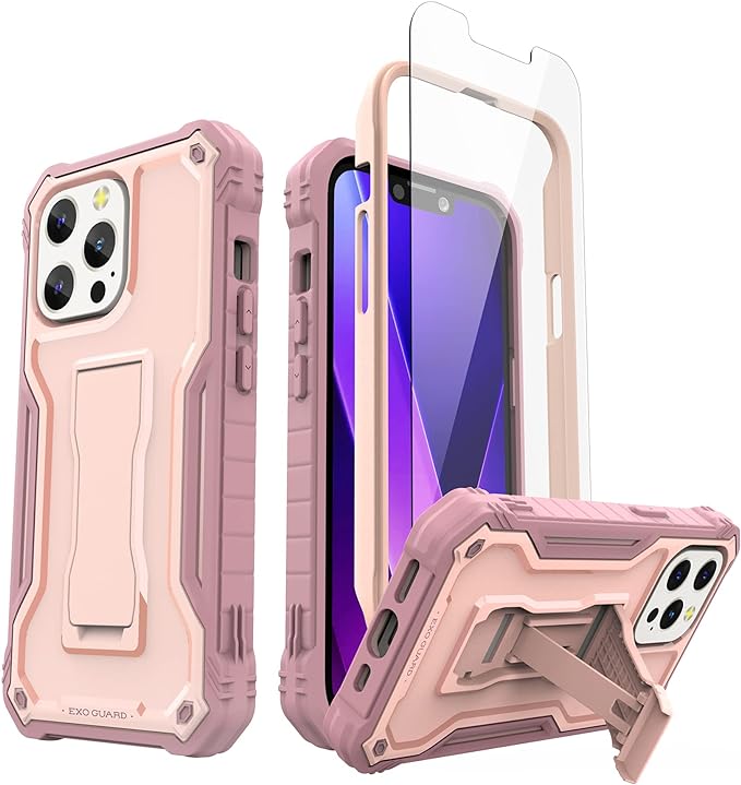 ExoGuard for iPhone 13 Series Case, Rubber Shockproof Full Body Cover Case with Tempered Glass Screen Protector Built-in Kickstand for iPhone 13/iPhone 13 Mini/iPhone 13 Pro/iPhone 13 Pro Max