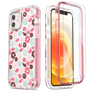 ExoGuard for iPhone 12 Case, Compatible with iPhone 12 Pro Case 6.1 Inch Comes with Tempered Glass Screen Protector,  Floral Pattern Gold Glitter Shockproof Slim Cover Clear Case