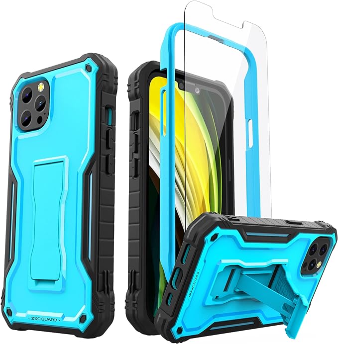 ExoGuard for iPhone 13 Series Case, Rubber Shockproof Full Body Cover Case with Tempered Glass Screen Protector Built-in Kickstand for iPhone 13/iPhone 13 Mini/iPhone 13 Pro/iPhone 13 Pro Max
