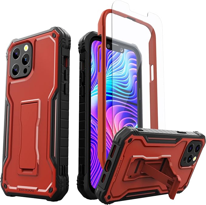 ExoGuard for iPhone 13 Series Case, Rubber Shockproof Full Body Cover Case with Tempered Glass Screen Protector Built-in Kickstand for iPhone 13/iPhone 13 Mini/iPhone 13 Pro/iPhone 13 Pro Max