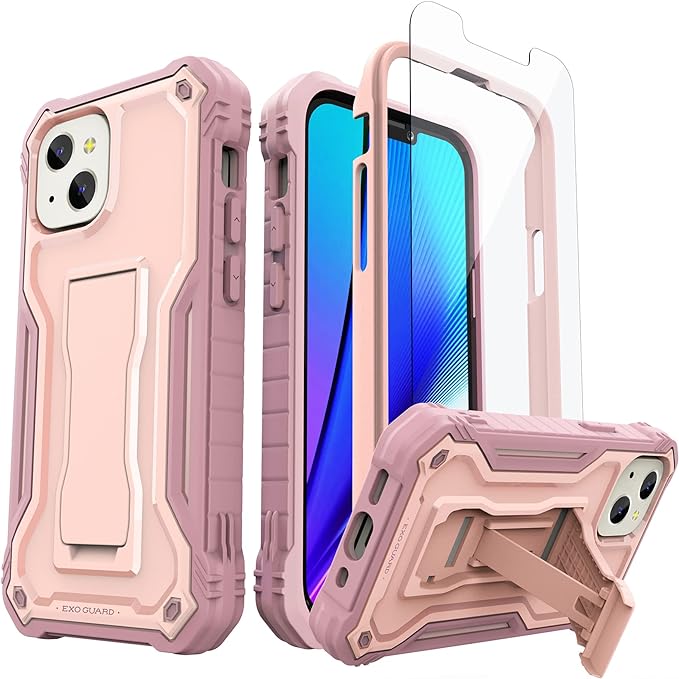 ExoGuard for iPhone 13 Series Case, Rubber Shockproof Full Body Cover Case with Tempered Glass Screen Protector Built-in Kickstand for iPhone 13/iPhone 13 Mini/iPhone 13 Pro/iPhone 13 Pro Max