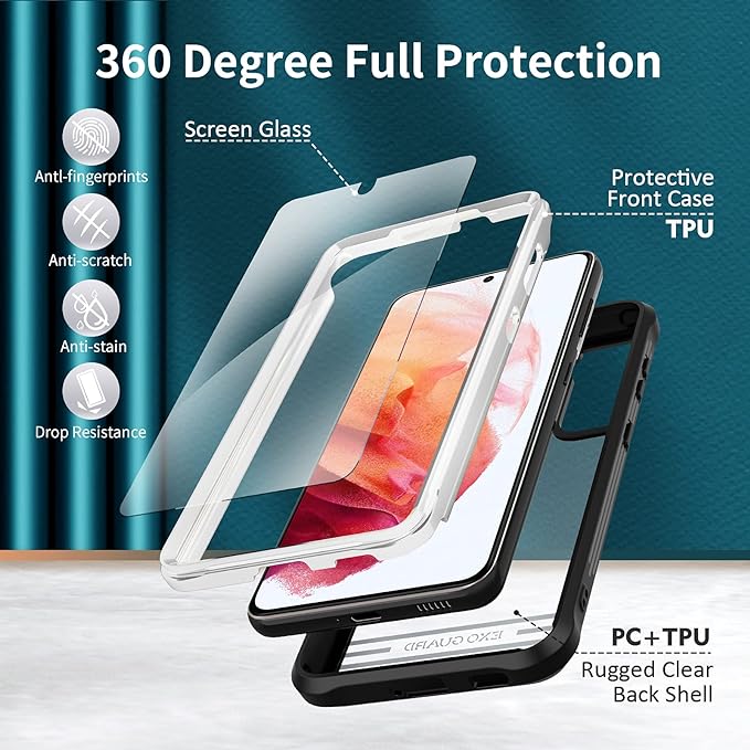ExoGuard Samsung Galaxy S21 Series Case with Screen Protector, Dual Layer Full Body Protection Cover Clear Back (S21 Ultra Does not come with a screen protector)