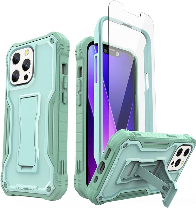 ExoGuard for iPhone 13 Series Case, Rubber Shockproof Full Body Cover Case with Tempered Glass Screen Protector Built-in Kickstand for iPhone 13/iPhone 13 Mini/iPhone 13 Pro/iPhone 13 Pro Max