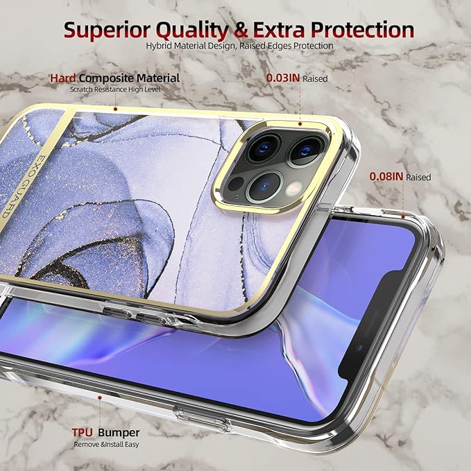 ExoGuard Case for iPhone 12, iPhone 12 Pro 6.1 inch Cover, Shockproof Scratch-Proof Full-Body Marble Protective Phone Case with Screen Protector Glass