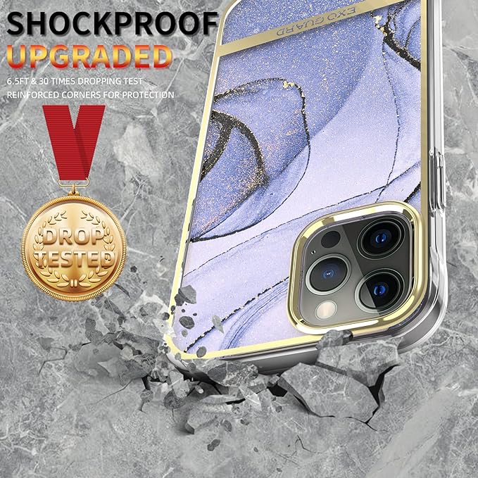 ExoGuard Case for iPhone 12, iPhone 12 Pro 6.1 inch Cover, Shockproof Scratch-Proof Full-Body Marble Protective Phone Case with Screen Protector Glass