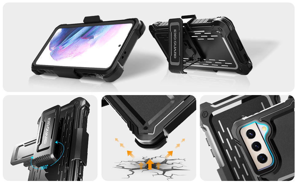 ExoGuard Belt Clip Holster and Case for Samsung Galaxy S21 Series, Heavy Duty Belt Clip Holster and Adjustable with 360 Degree Rotation, No Screen Protector (Black)