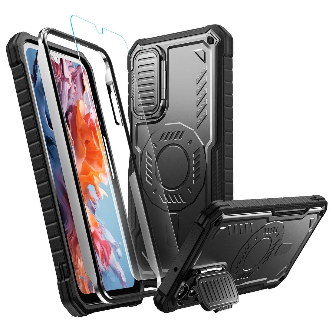 ExoGuard for Samsung Galaxy A15 Case with Screen Protector, Rubber Full-Body Cover Protective Case with Camera Cover and Kickstand Function