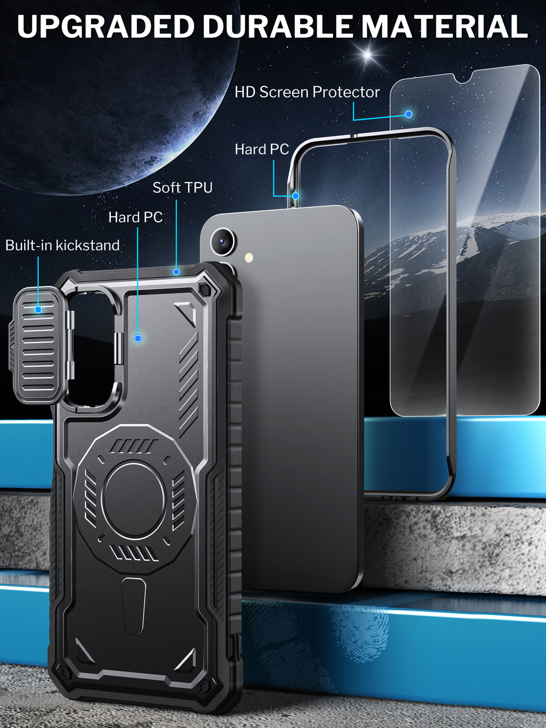 ExoGuard for Samsung Galaxy A15 Case with Screen Protector, Rubber Full-Body Cover Protective Case with Camera Cover and Kickstand Function