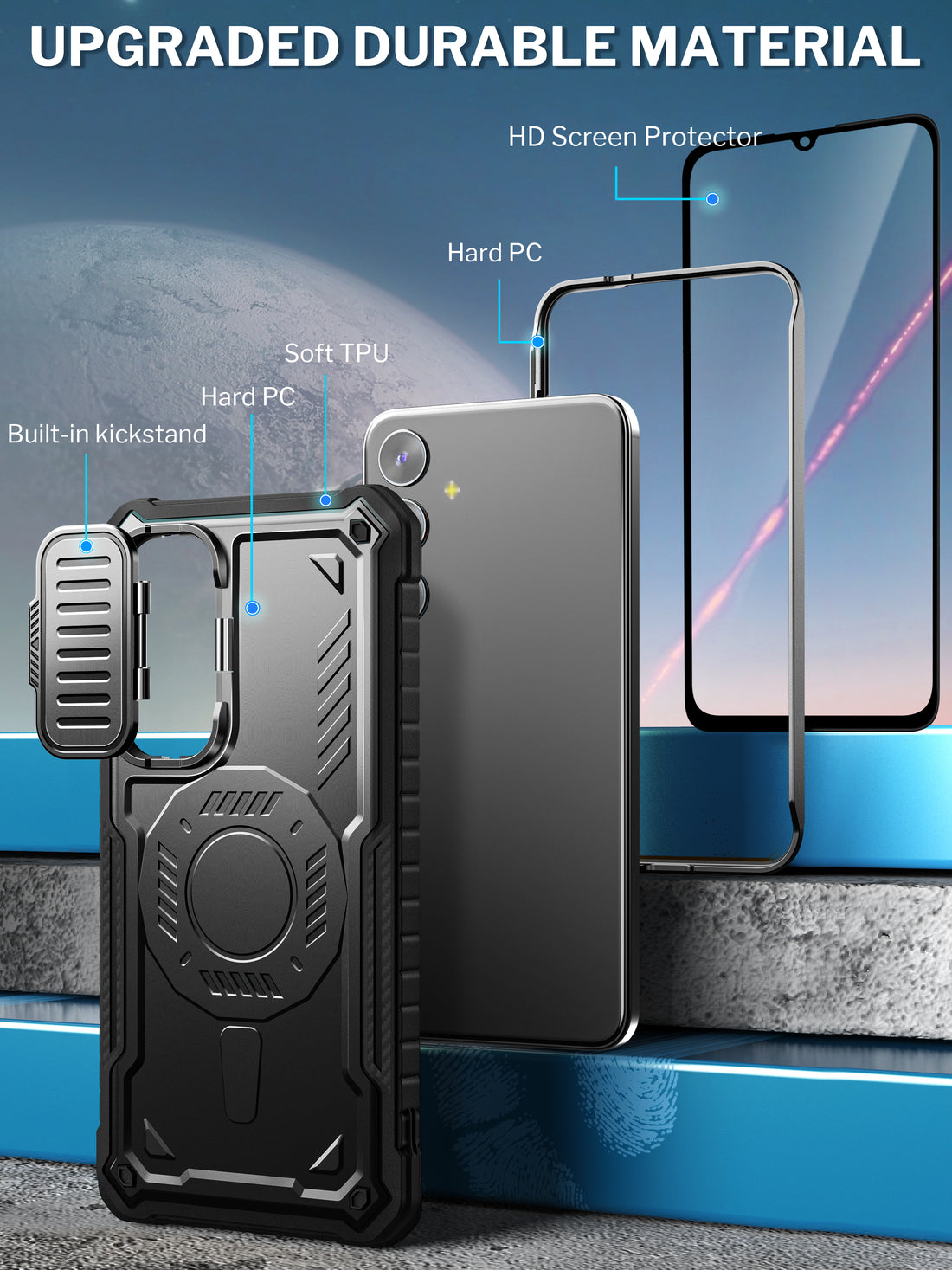 ExoGuard for Samsung Galaxy S23 FE Case with Screen Protector,Rubber Full-Body Cover Protective Case with Camera Cover and Kickstand Function