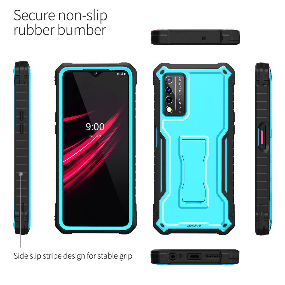 ExoGuard for T-Mobile REVVL V Plus 5G Case, Rubber Shockproof Full-Body Cover Case Built-in Screen Protector and Kickstand Compatible with T-Mobile REVVL V Plus 5G Phone