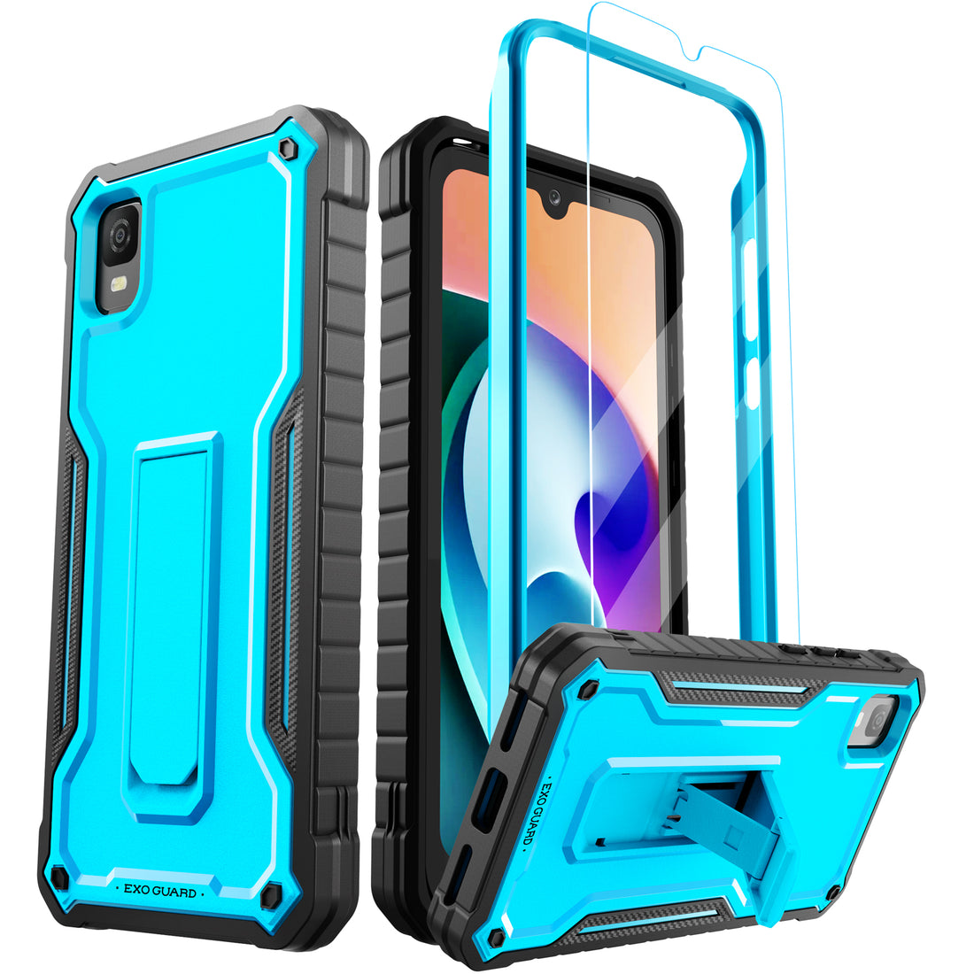 ExoGuard for TCL 30Z Case, TCL 30 LE Case, Rubber Shockproof Full-Body Cover Case Come with a Tempered Glass Screen Protector and Kickstand