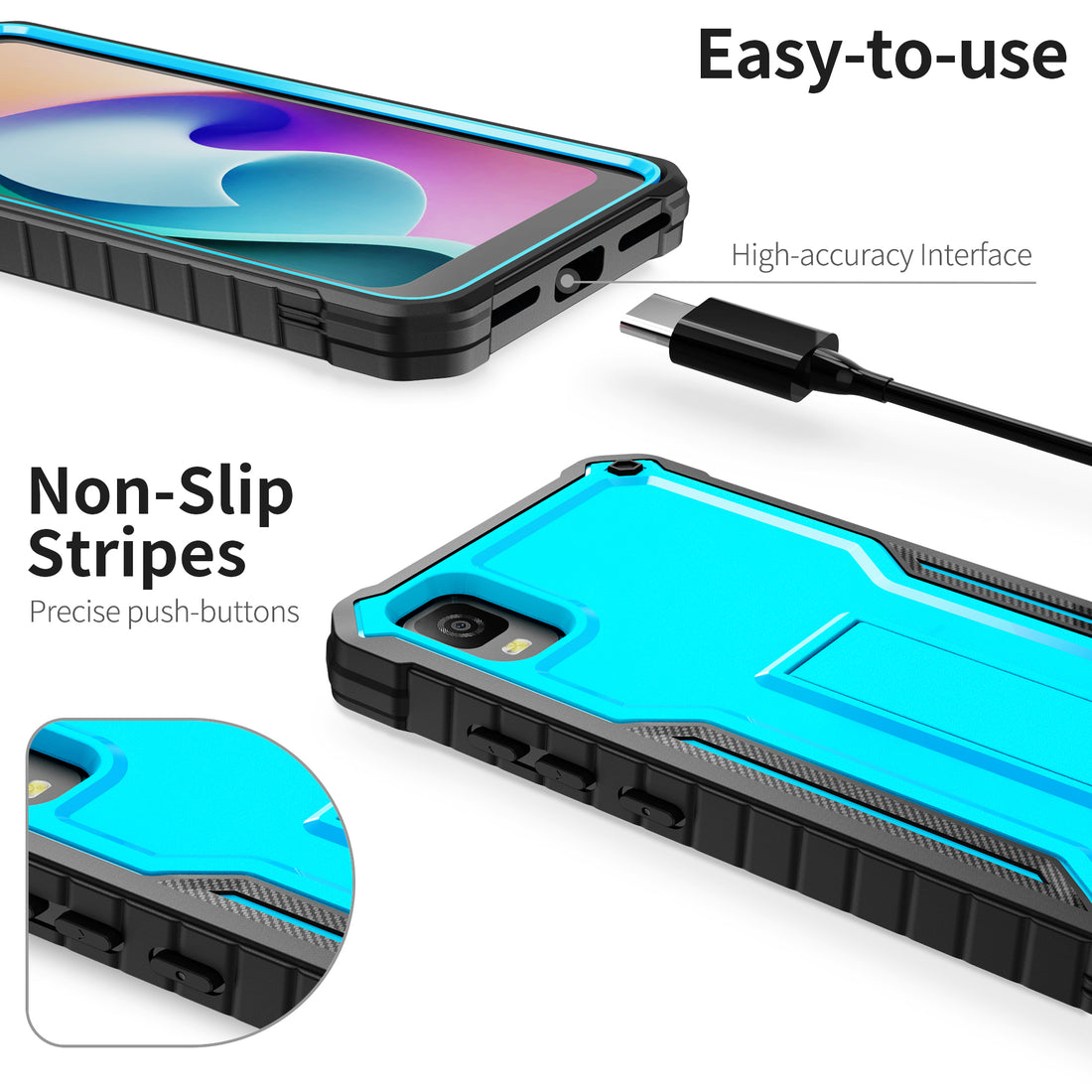 ExoGuard for TCL 30Z Case, TCL 30 LE Case, Rubber Shockproof Full-Body Cover Case Come with a Tempered Glass Screen Protector and Kickstand