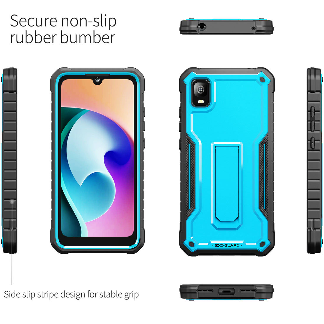 ExoGuard for TCL 30Z Case, TCL 30 LE Case, Rubber Shockproof Full-Body Cover Case Come with a Tempered Glass Screen Protector and Kickstand
