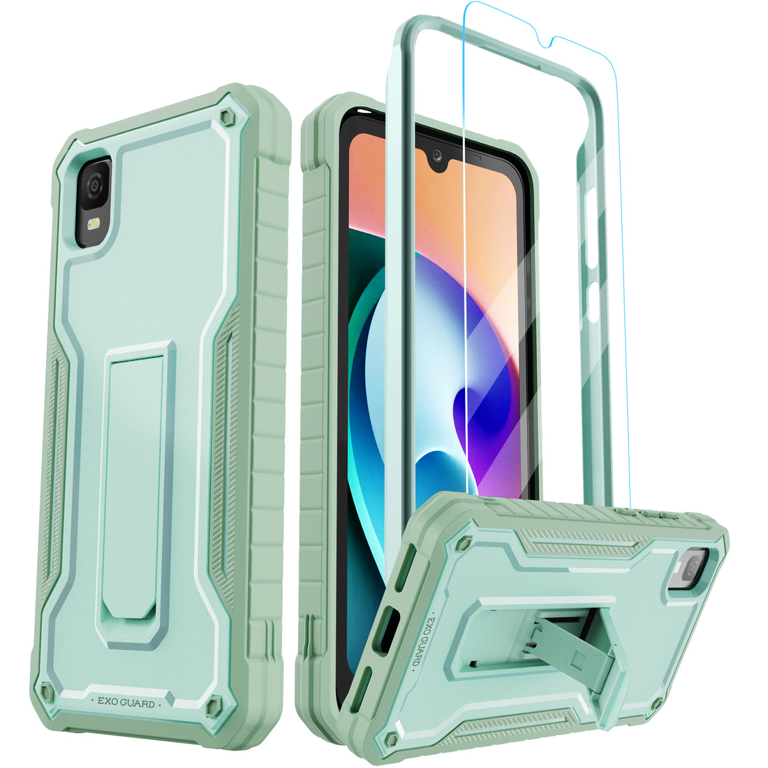 ExoGuard for TCL 30Z Case, TCL 30 LE Case, Rubber Shockproof Full-Body Cover Case Come with a Tempered Glass Screen Protector and Kickstand
