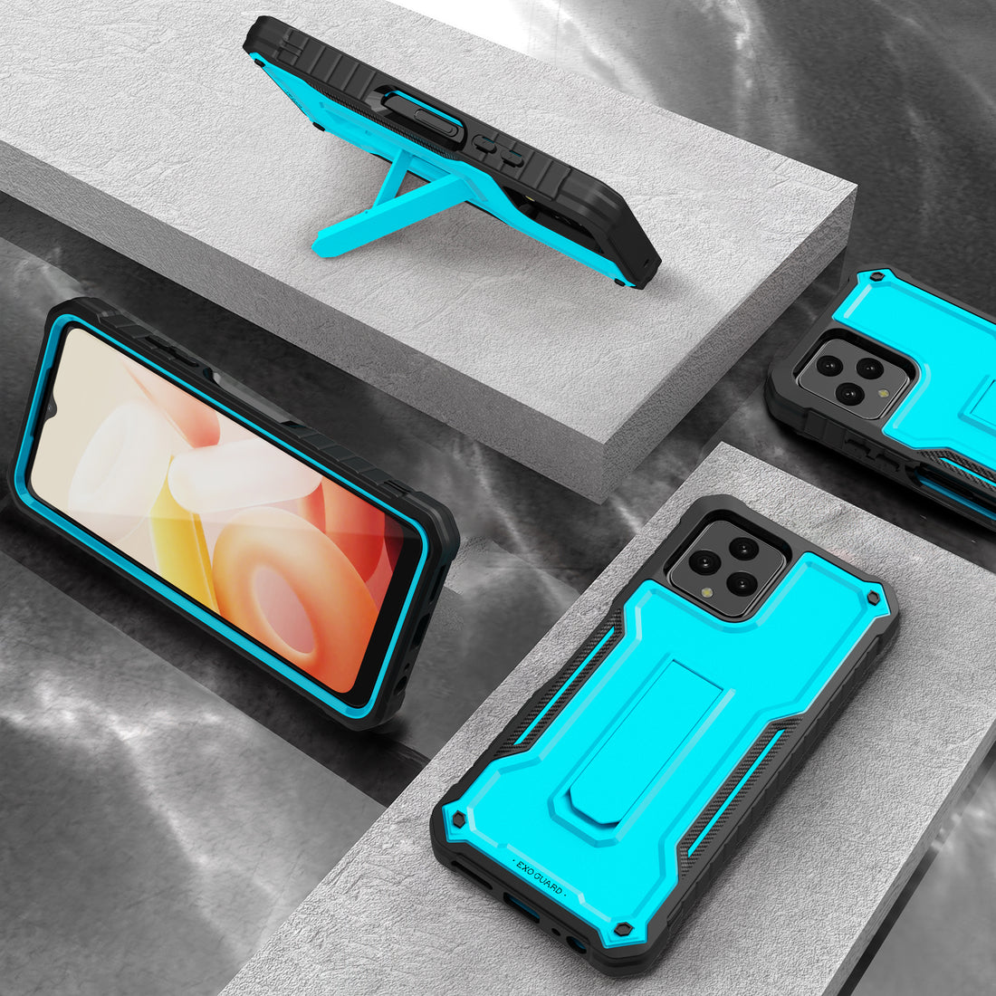 ExoGuard for T-Mobile REVVL 6 5G Case, Rubber Shockproof Full-Body Cover Case Come with a Tempered Glass Screen Protector, Built-in Kickstand