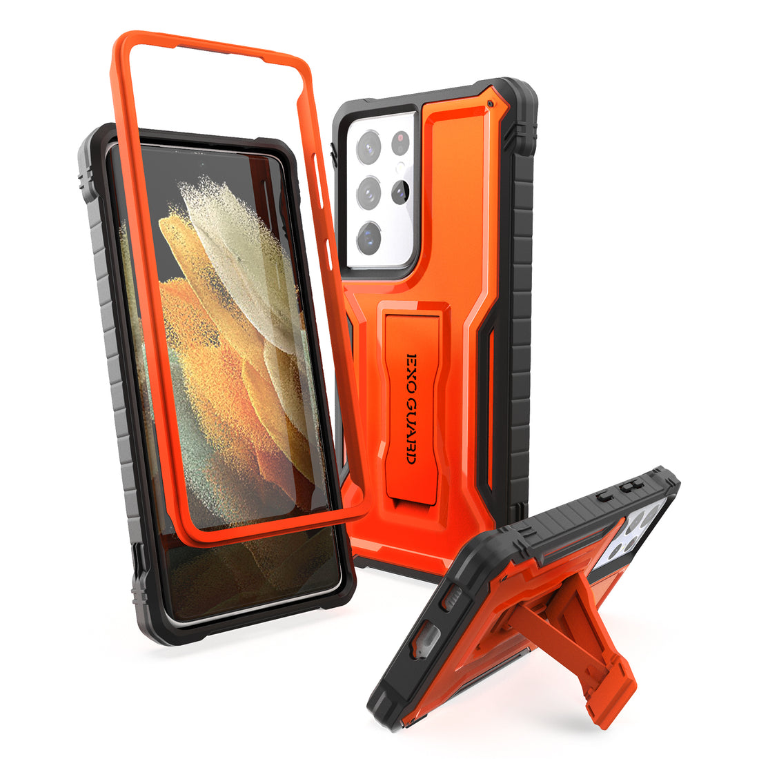 ExoGuard Samsung Galaxy S21 Series Case, Rubber Shockproof Full Body Cover Case Built-in Kickstand for Samsung S21 / Samsung S21 FE / Samsung S21 Plus / Samsung S21 Ultra