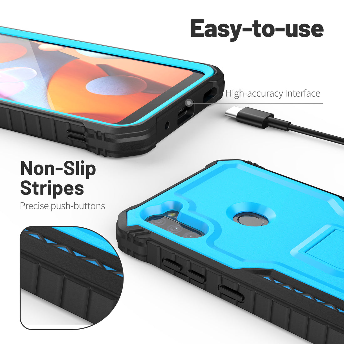 ExoGuard for Samsung Galaxy A11 Case, Rubber Shockproof Full-Body Cover Case Built-in Screen Protector and Kickstand Compatible with Samsung A11 Phone