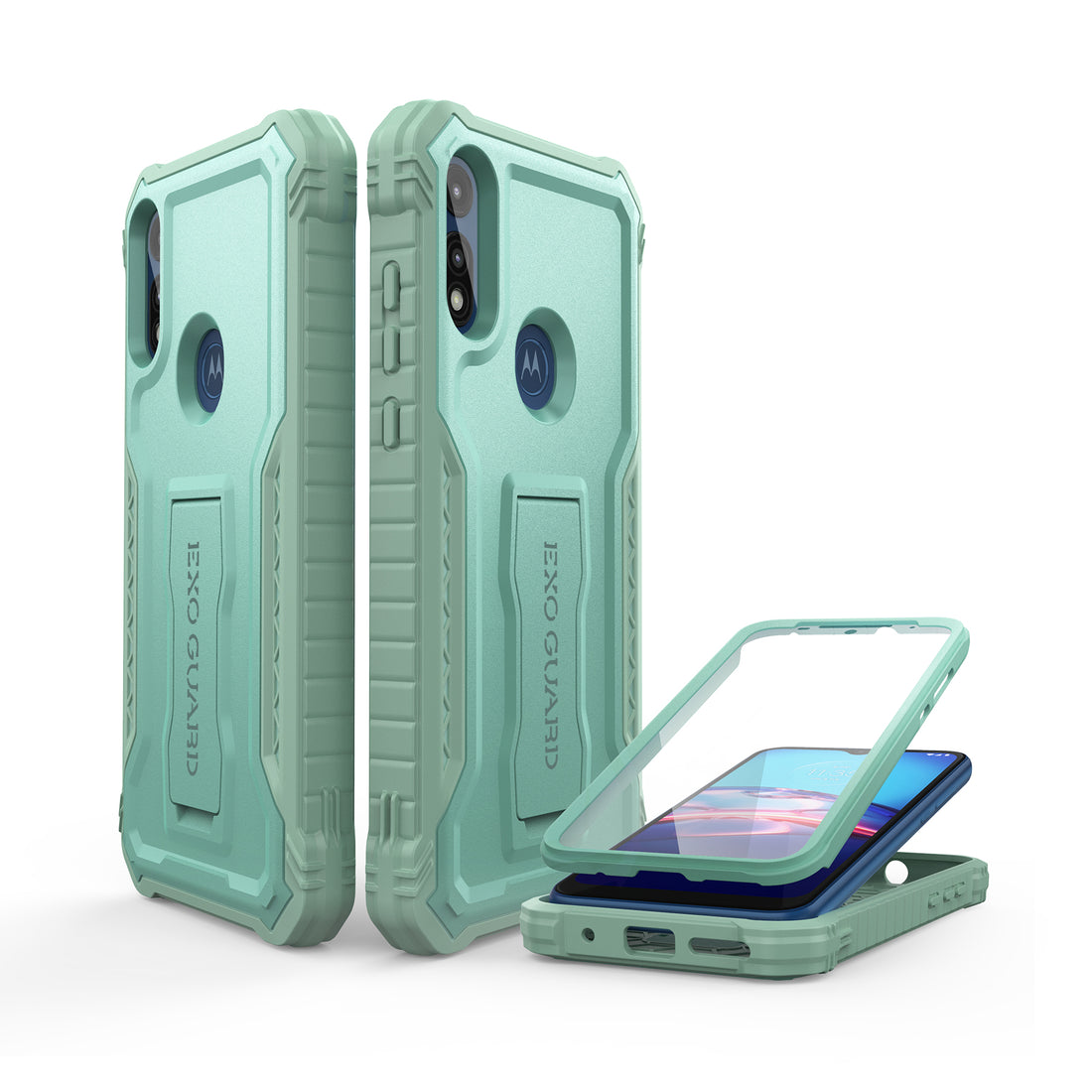 ExoGuard for Moto E Case, Rubber Shockproof Full-Body Cover Case Built-in Screen Protector and Kickstand Compatible with Moto E Phone 2020