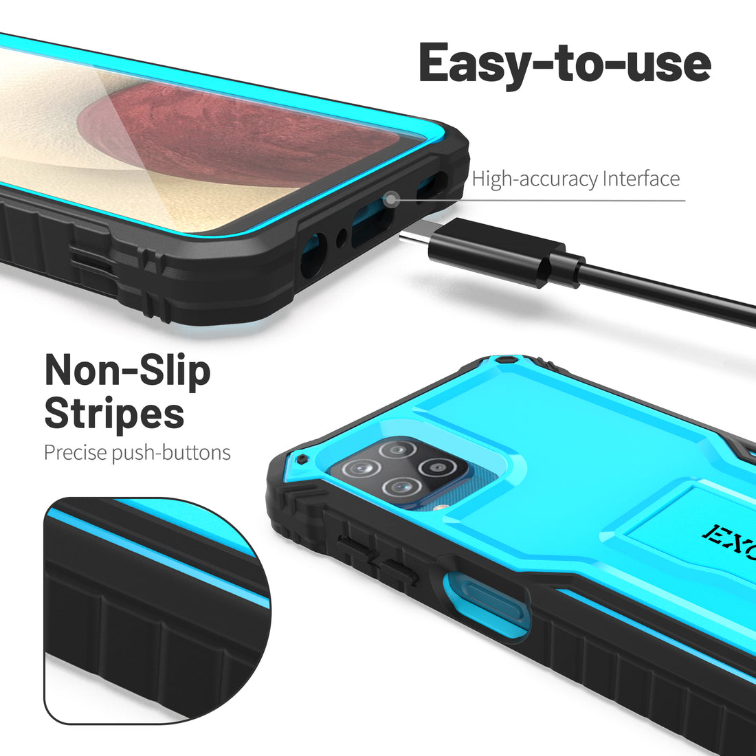 ExoGuard for Samsung Galaxy A12 Case, Rubber Shockproof Full-Body Cover Case Built-in Screen Protector and Kickstand Compatible with Samsung A12 Phone