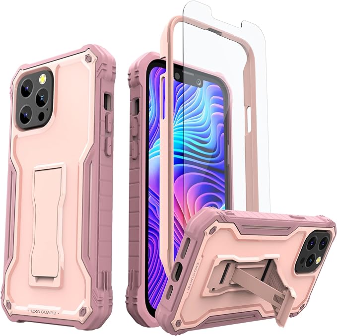 ExoGuard for iPhone 13 Series Case, Rubber Shockproof Full Body Cover Case with Tempered Glass Screen Protector Built-in Kickstand for iPhone 13/iPhone 13 Mini/iPhone 13 Pro/iPhone 13 Pro Max