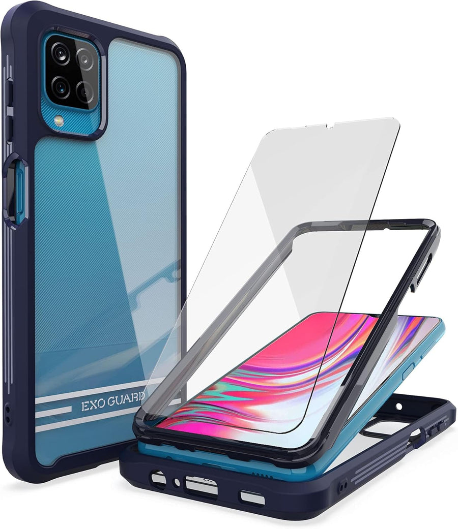 ExoGuard Samsung Galaxy A12 Case with Screen Protector, Dual Layer Full Body Protection Cover Clear Back Phone Case for Samsung A12