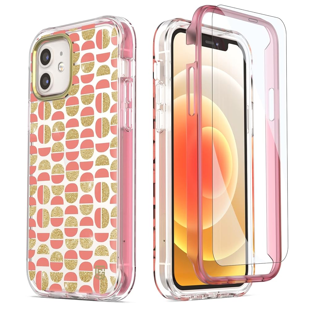 ExoGuard for iPhone 12 Case, Compatible with iPhone 12 Pro Case 6.1 Inch Comes with Tempered Glass Screen Protector,  Floral Pattern Gold Glitter Shockproof Slim Cover Clear Case