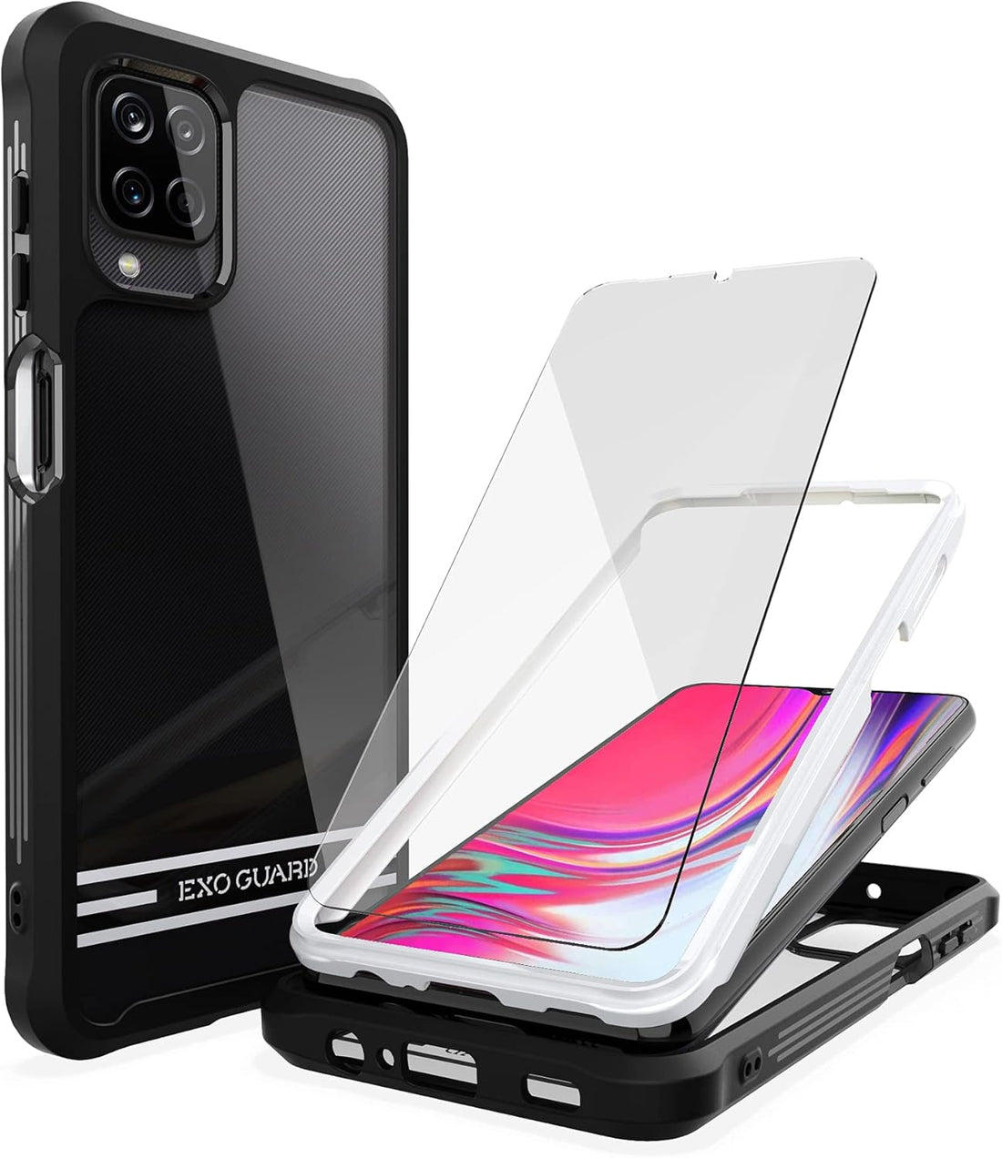 ExoGuard Samsung Galaxy A12 Case with Screen Protector, Dual Layer Full Body Protection Cover Clear Back Phone Case for Samsung A12