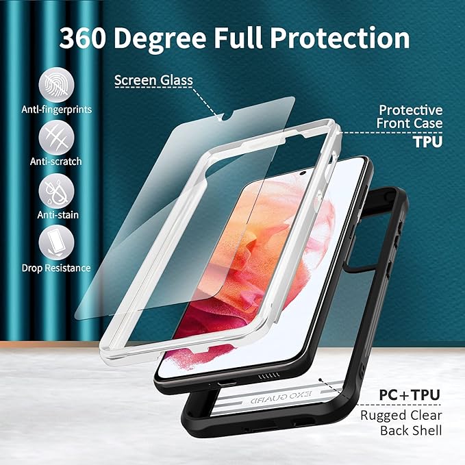 ExoGuard Samsung Galaxy S21 Series Case with Screen Protector, Dual Layer Full Body Protection Cover Clear Back （S21 Ultra Does not come with a screen protector）