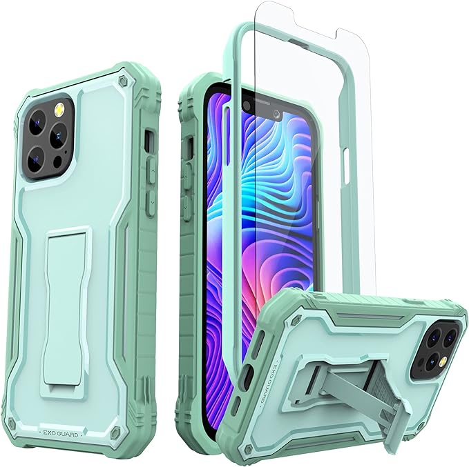ExoGuard for iPhone 13 Series Case, Rubber Shockproof Full Body Cover Case with Tempered Glass Screen Protector Built-in Kickstand for iPhone