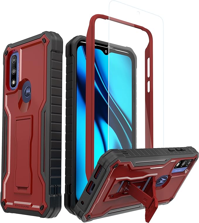 ExoGuard for Moto G Pure Case, Rubber Shockproof Full-Body Cover Case with Tempered Glass Screen Protector Built-in Kickstand