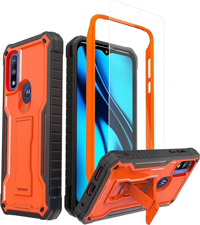 ExoGuard for Moto G Pure Case, Rubber Shockproof Full-Body Cover Case with Tempered Glass Screen Protector Built-in Kickstand