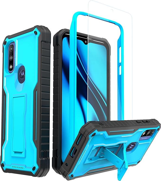 ExoGuard for Moto G Pure Case, Rubber Shockproof Full-Body Cover Case with Tempered Glass Screen Protector Built-in Kickstand