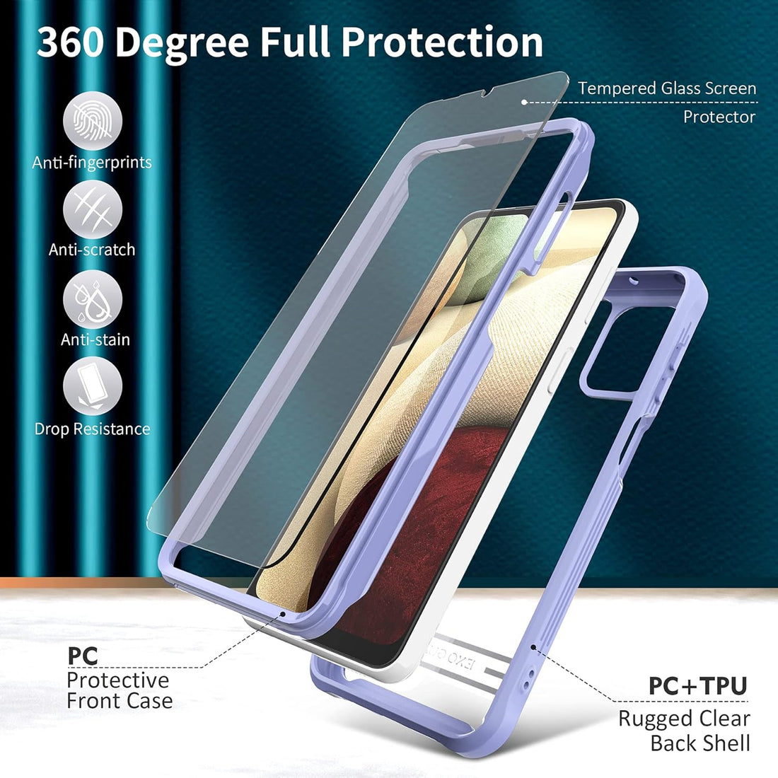 ExoGuard Samsung Galaxy A12 Case with Screen Protector, Dual Layer Full Body Protection Cover Clear Back Phone Case for Samsung A12