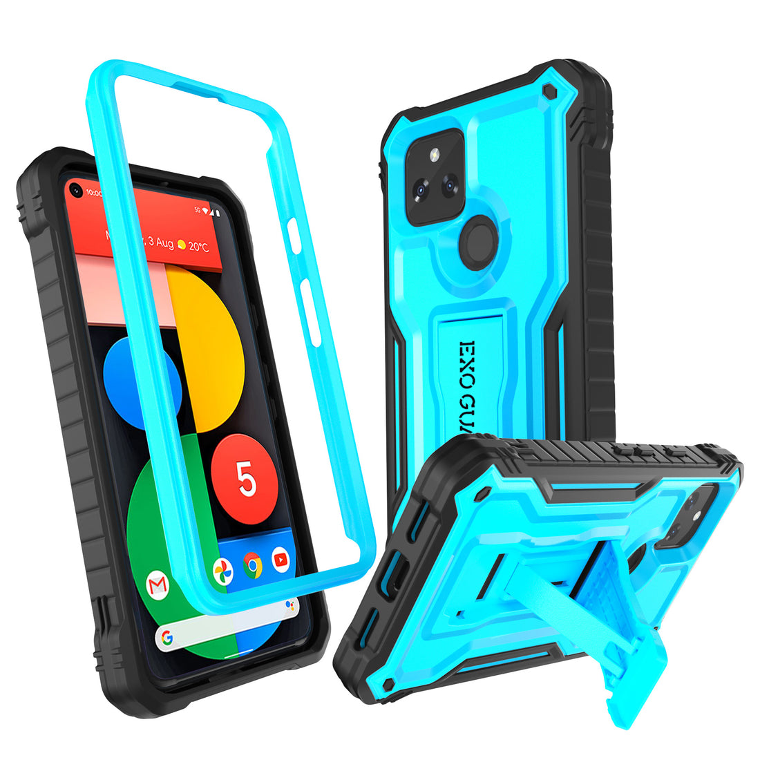 ExoGuard for Google Pixel 5 Series Case, Rubber Shockproof Full-Body Cover Case Built-in Screen Protector and Kickstand Compatible with Google Pixel 5/Google Pixel 5A