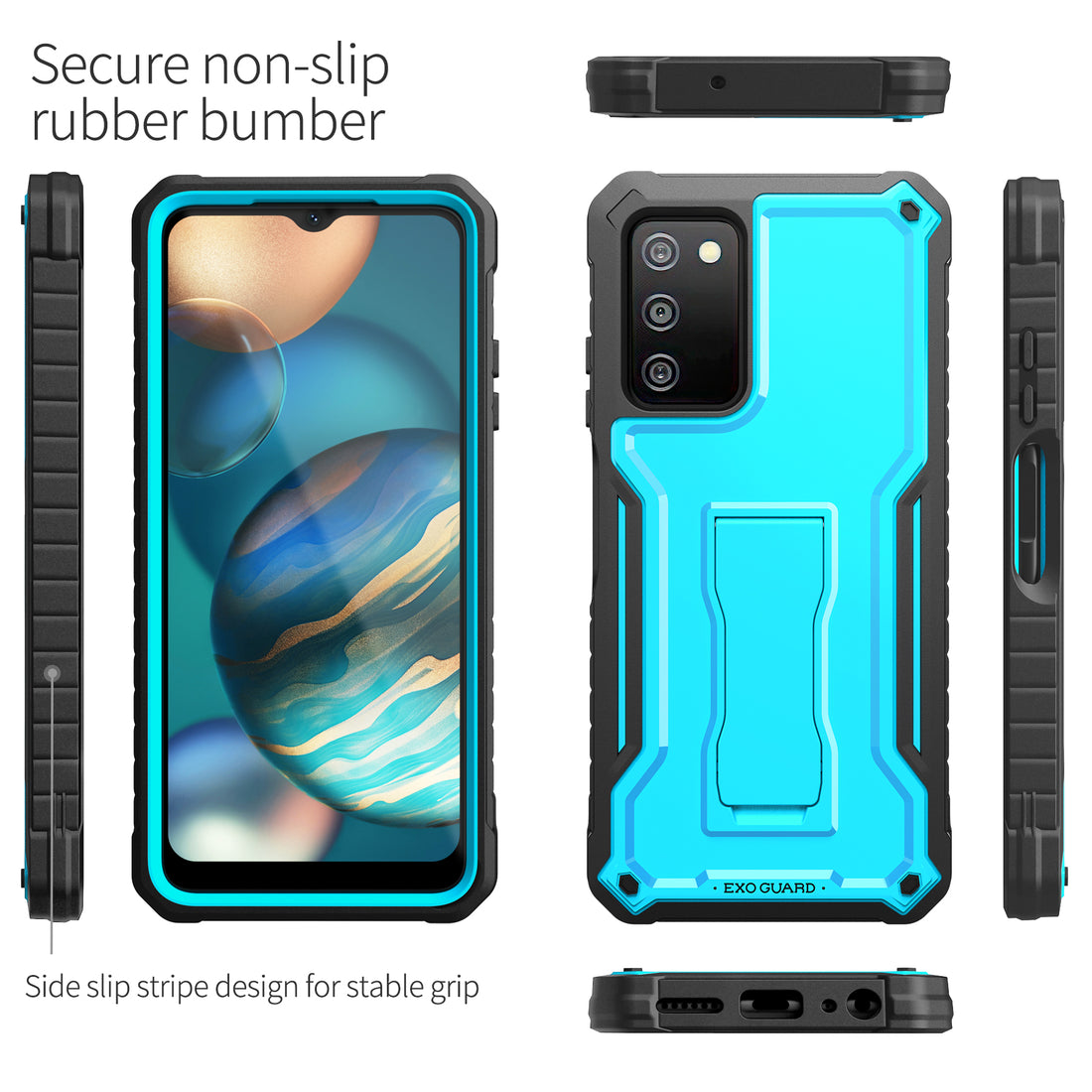 ExoGuard for Samsung Galaxy A03S 5G Case, Rubber Shockproof Heavy Duty Case with Screen Protector for Samsung A03S 5G Phone, Built-in Kickstand