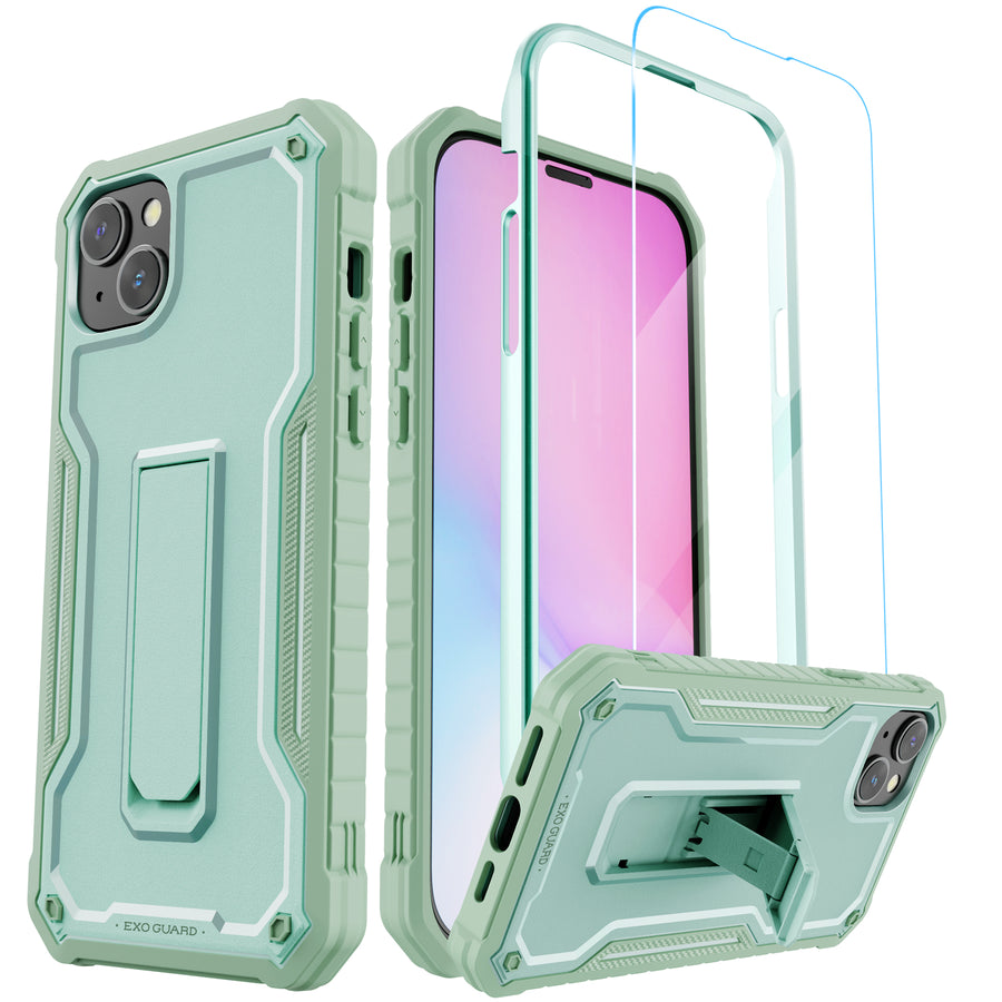 ExoGuard for iPhone 14 Series Case, Rubber Shockproof Full-Body Cover Case Come with a Tempered Glass Screen Protector and Kickstand for iPhone 14/iPhone 14 Plus/iPhone 14 Pro/iPhone 14 Pro Max