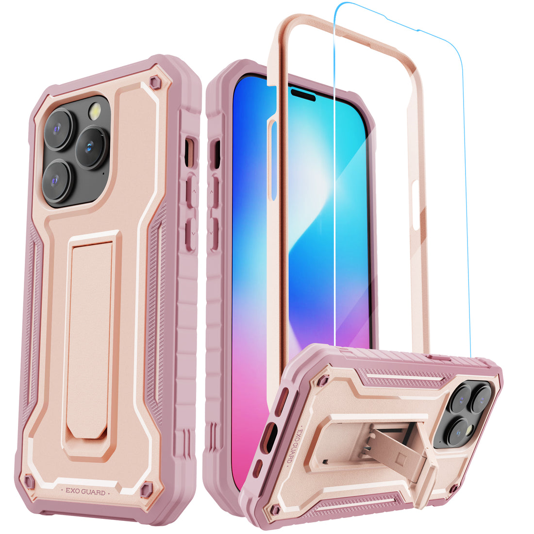 ExoGuard for iPhone 14 Series Case, Rubber Shockproof Full-Body Cover Case Come with a Tempered Glass Screen Protector and Kickstand for iPhone 14/iPhone 14 Plus/iPhone 14 Pro/iPhone 14 Pro Max