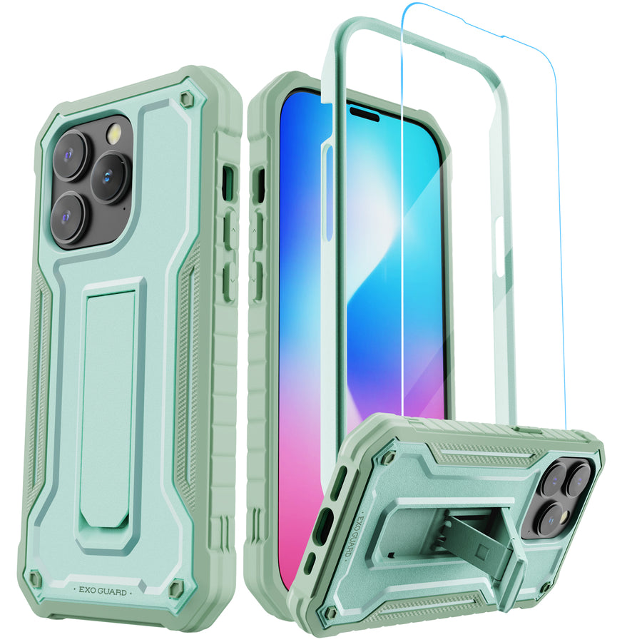 ExoGuard for iPhone 14 Series Case, Rubber Shockproof Full-Body Cover Case Come with a Tempered Glass Screen Protector and Kickstand for iPhone 14/iPhone 14 Plus/iPhone 14 Pro/iPhone 14 Pro Max