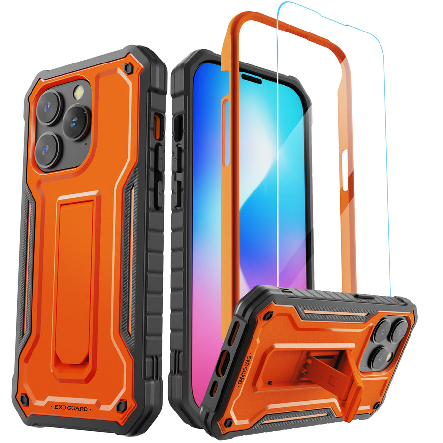 ExoGuard for iPhone 14 Series Case, Rubber Shockproof Full-Body Cover Case Come with a Tempered Glass Screen Protector and Kickstand for iPhone 14/iPhone 14 Plus/iPhone 14 Pro/iPhone 14 Pro Max