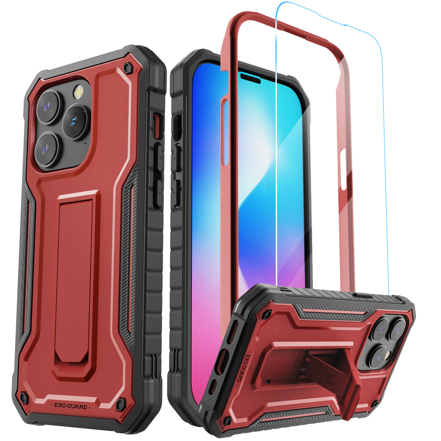 ExoGuard for iPhone 14 Series Case, Rubber Shockproof Full-Body Cover Case Come with a Tempered Glass Screen Protector and Kickstand for iPhone 14/iPhone 14 Plus/iPhone 14 Pro/iPhone 14 Pro Max