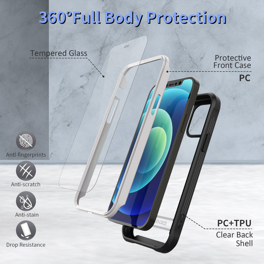 ExoGuard iPhone 12 Series Case with Screen Protector, Dual Layer Full Body Protection Cover Clear Back Phone Case for iPhone Series