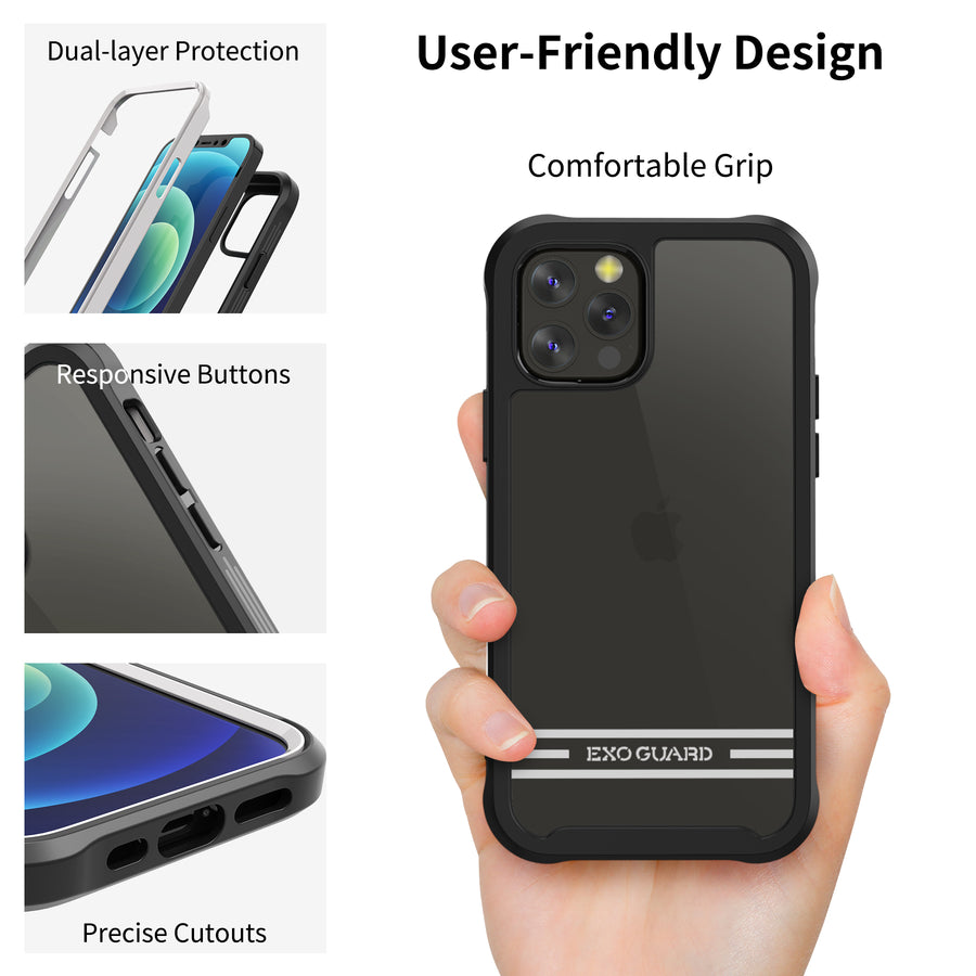 ExoGuard iPhone 12 Series Case with Screen Protector, Dual Layer Full Body Protection Cover Clear Back Phone Case for iPhone Series