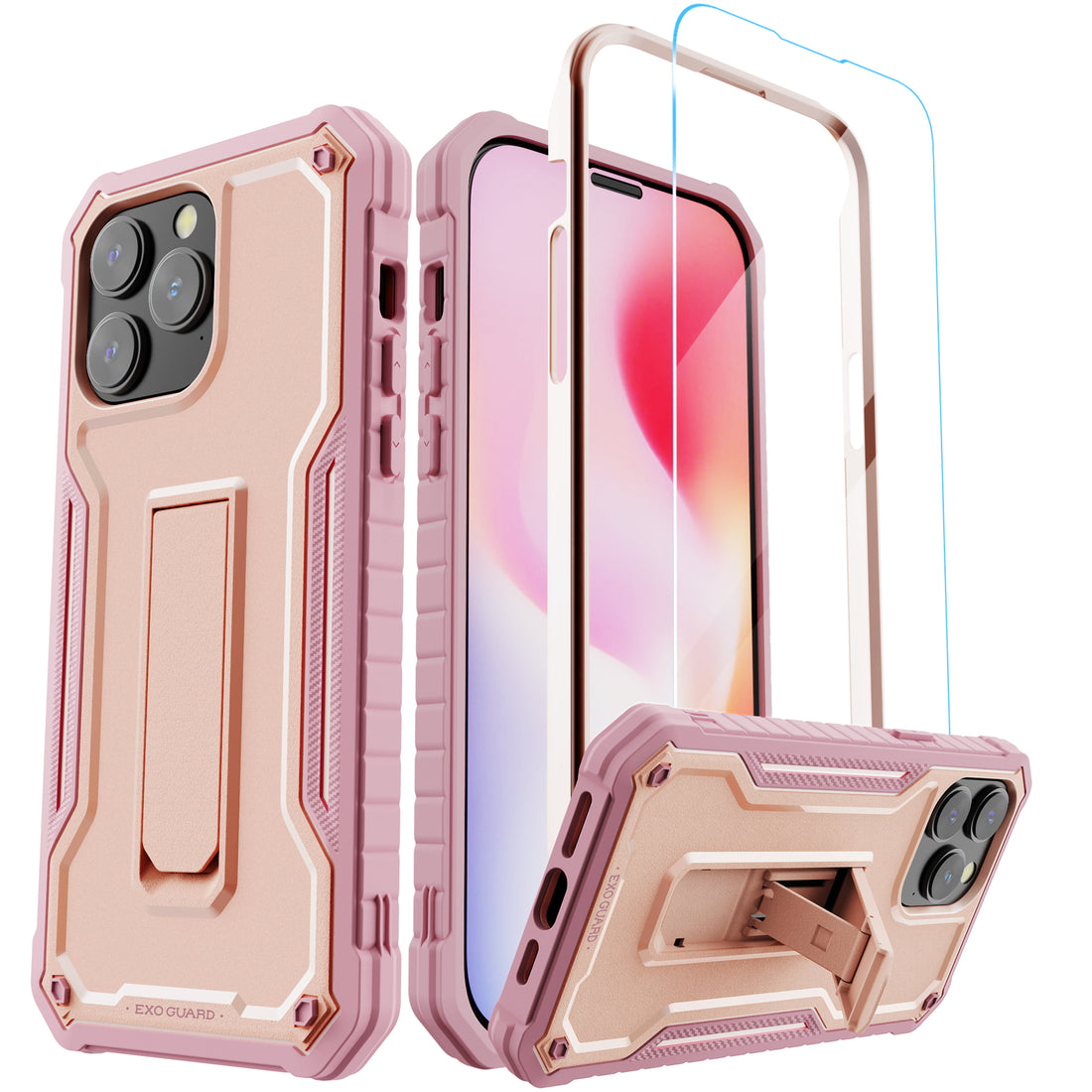 ExoGuard for iPhone 14 Series Case, Rubber Shockproof Full-Body Cover Case Come with a Tempered Glass Screen Protector and Kickstand for iPhone 14/iPhone 14 Plus/iPhone 14 Pro/iPhone 14 Pro Max