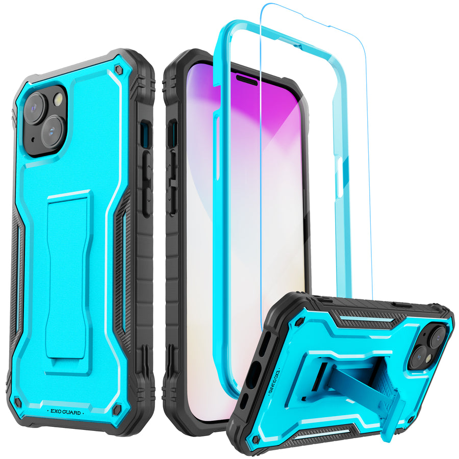 ExoGuard for iPhone 14 Series Case, Rubber Shockproof Full-Body Cover Case Come with a Tempered Glass Screen Protector and Kickstand for iPhone 14/iPhone 14 Plus/iPhone 14 Pro/iPhone 14 Pro Max