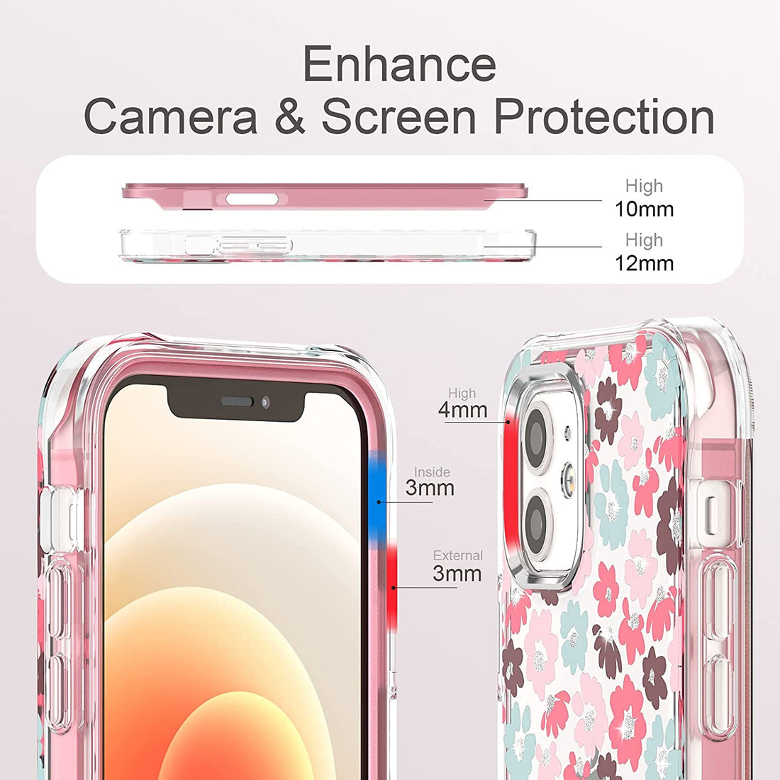 ExoGuard for iPhone 12 Case, Compatible with iPhone 12 Pro Case 6.1 Inch Comes with Tempered Glass Screen Protector,  Floral Pattern Gold Glitter Shockproof Slim Cover Clear Case